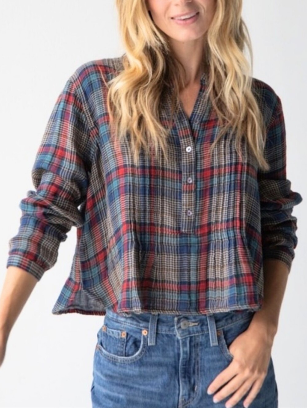 Natural Life Cotton Pintuck Montana Top, Navy & Red Plaid, Size XS (runs big)